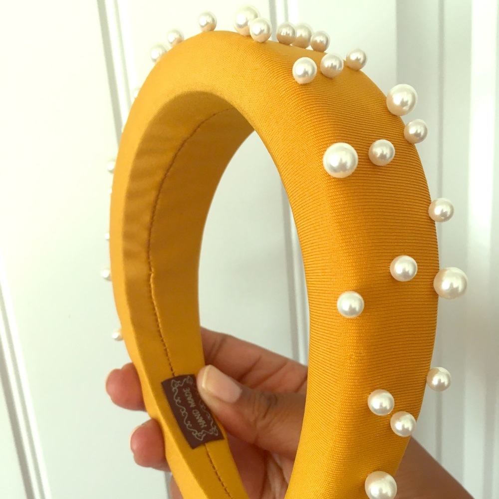 Headband with pearls, handmade, mustard yellow